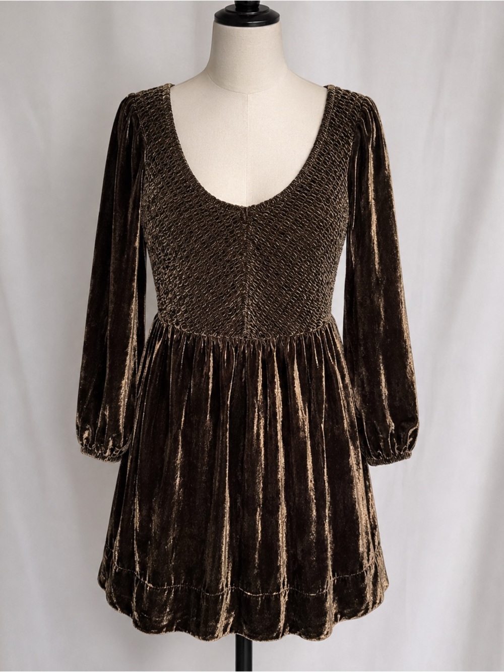 Free People Farrier Velvet Mini Dress Brown Bear Smocked Boho Fit Flare M